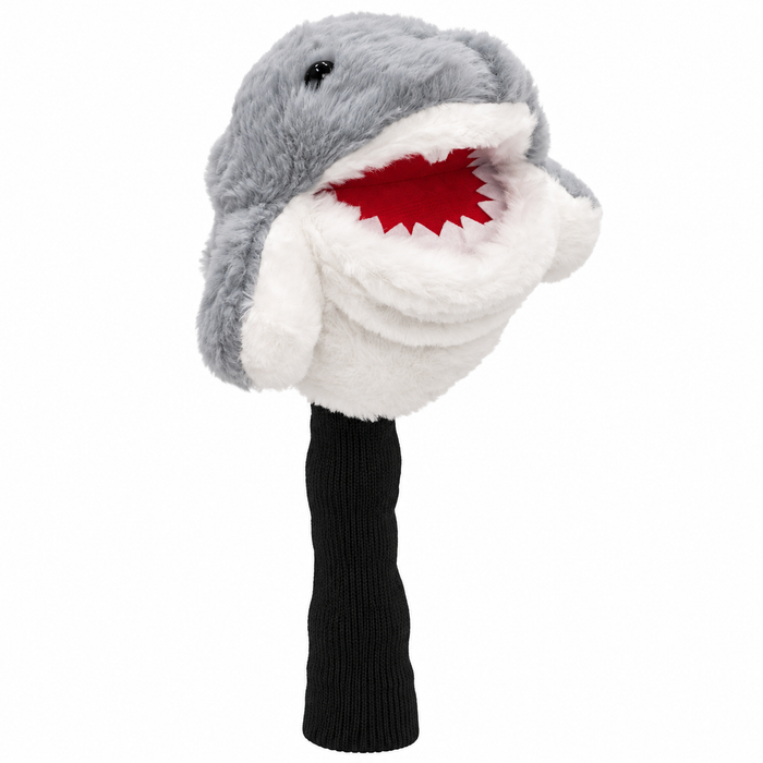 Chum Bucket gray plush shark driver headcover with white belly, red mouth and black knit sock