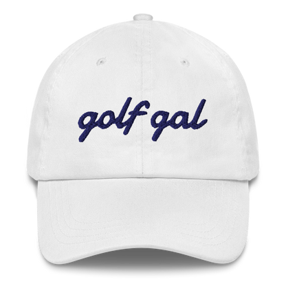 GOLF GAL Script Embroidered Dad Hat – White with Navy Thread