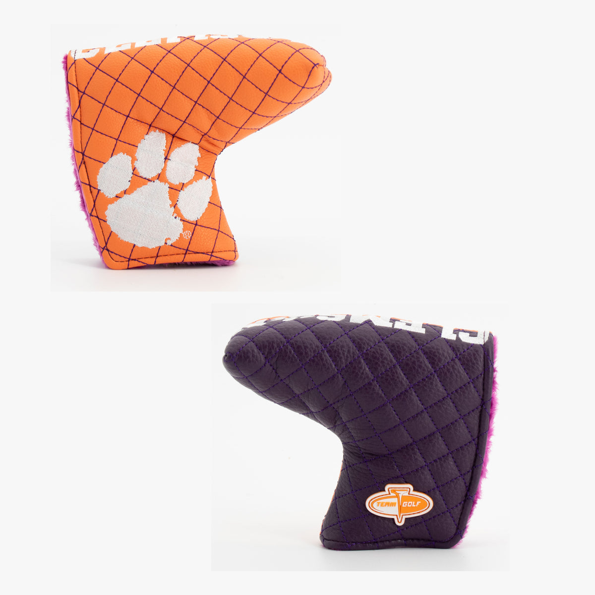 Clemson Tigers Split Quilted Blade Putter Cover, offset front and back views