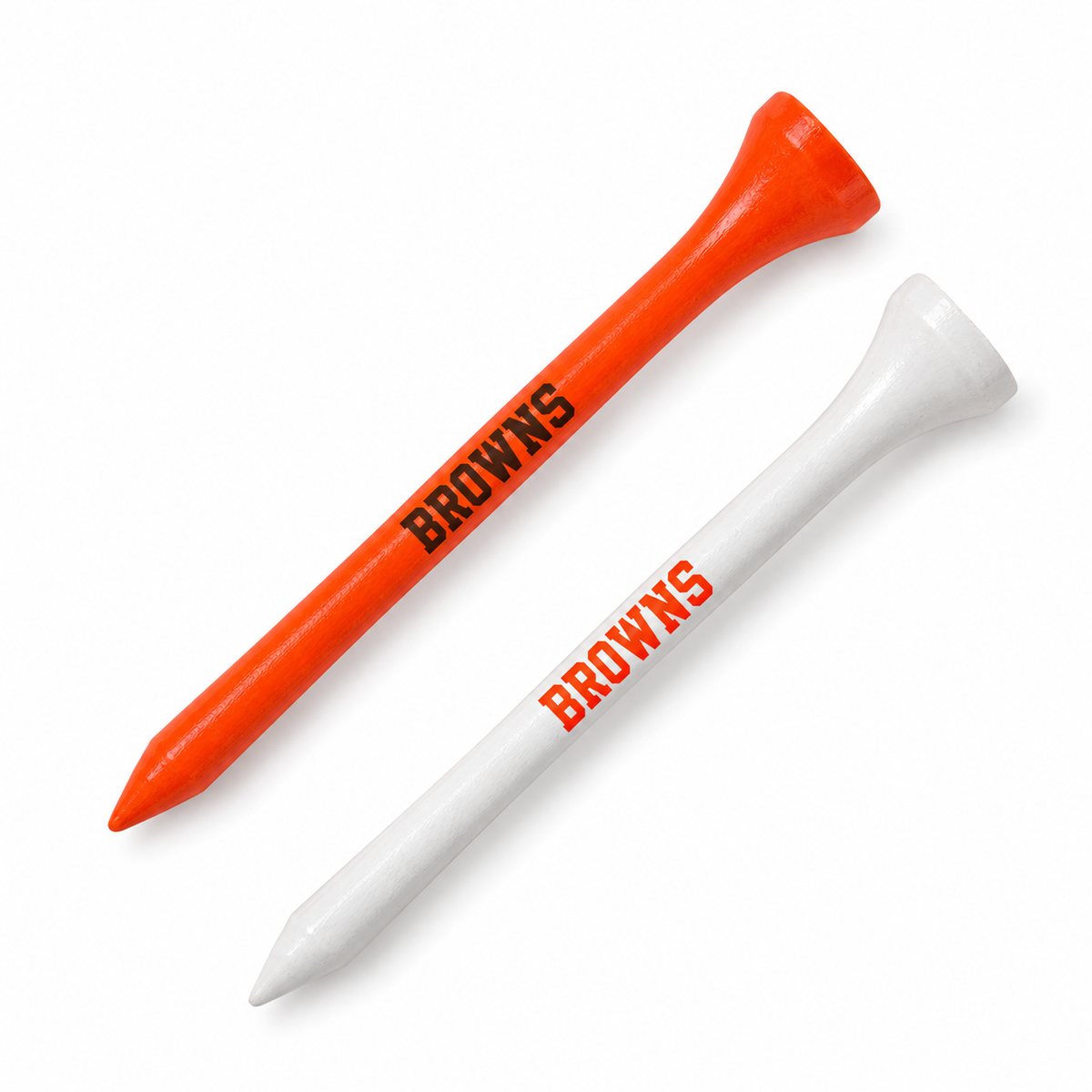 Cleveland Browns golf tees in orange and white with team lettering.