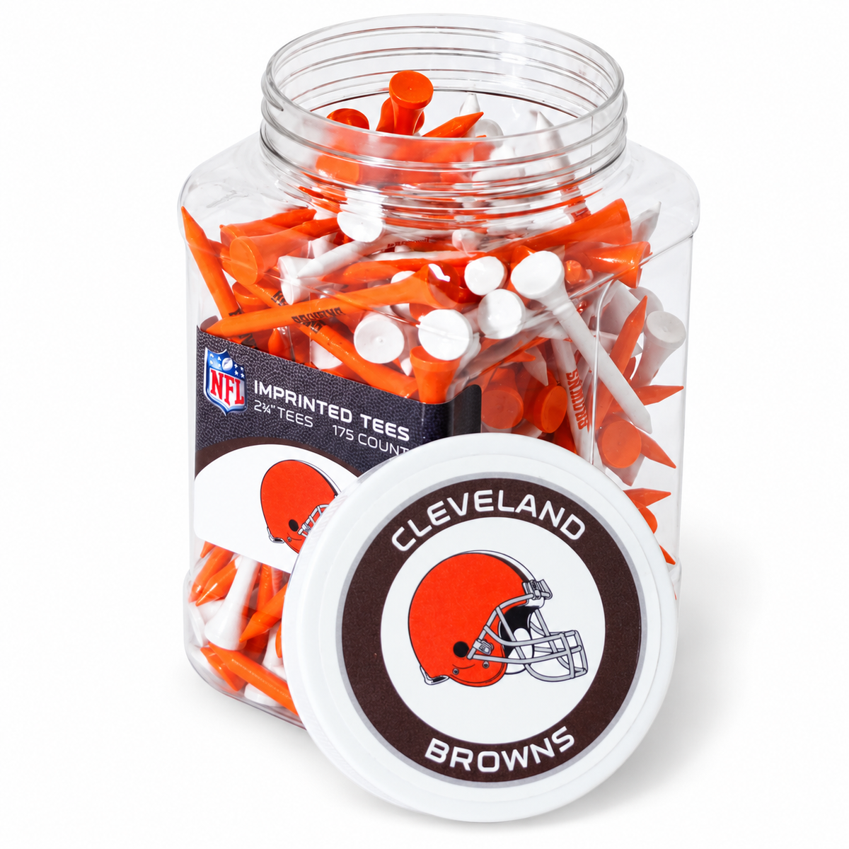 Cleveland Browns jar containing 175 2¾-inch golf tees with its separate team-logo lid.