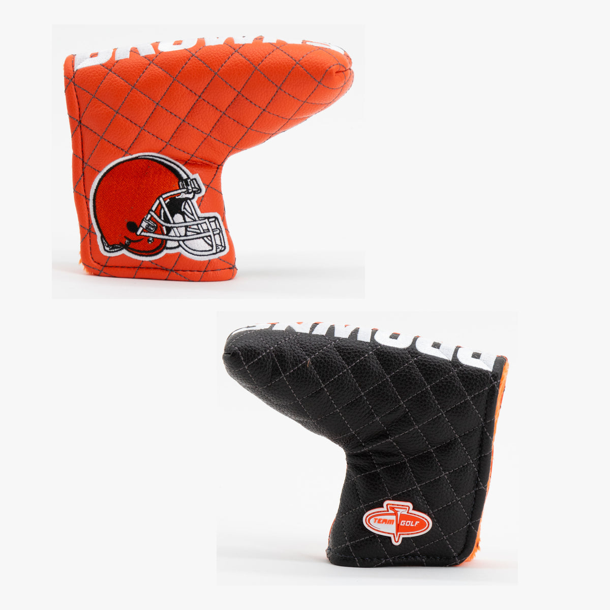 Cleveland Browns Split Quilted Blade Putter Cover, offset front and back views