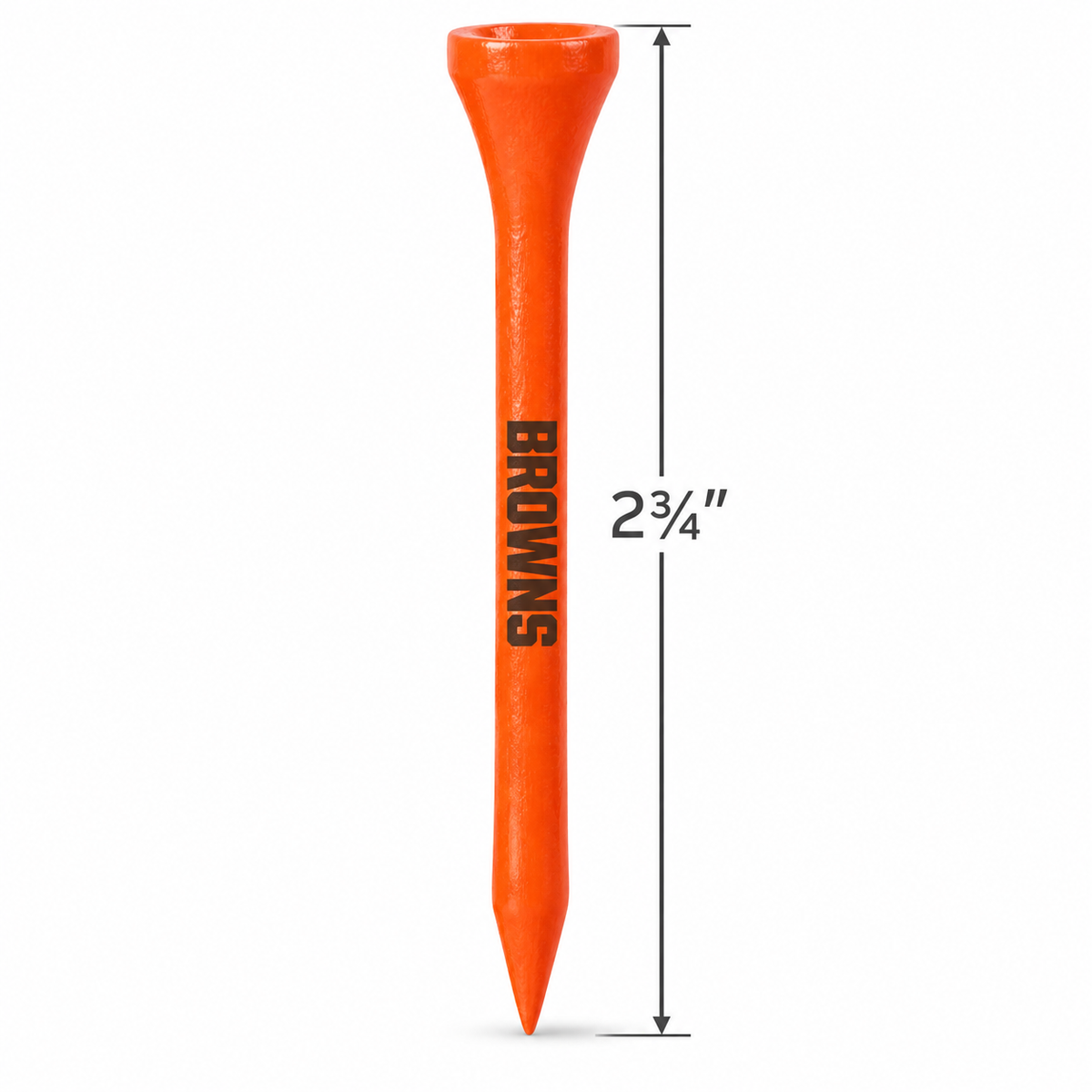 Orange Cleveland Browns golf tee with a 2¾-inch height measurement.