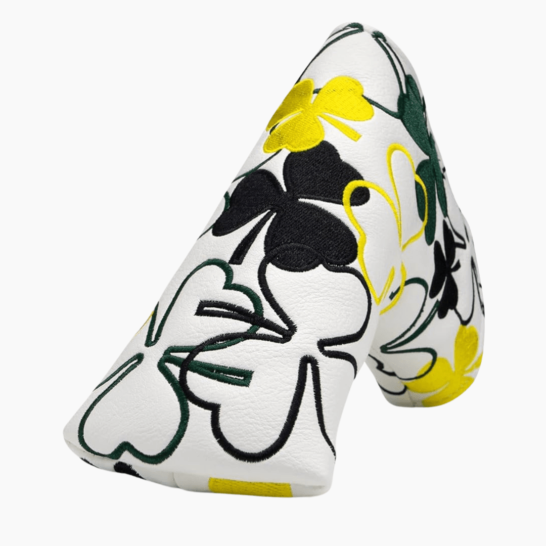 Golf club head cover with floral design on a white background