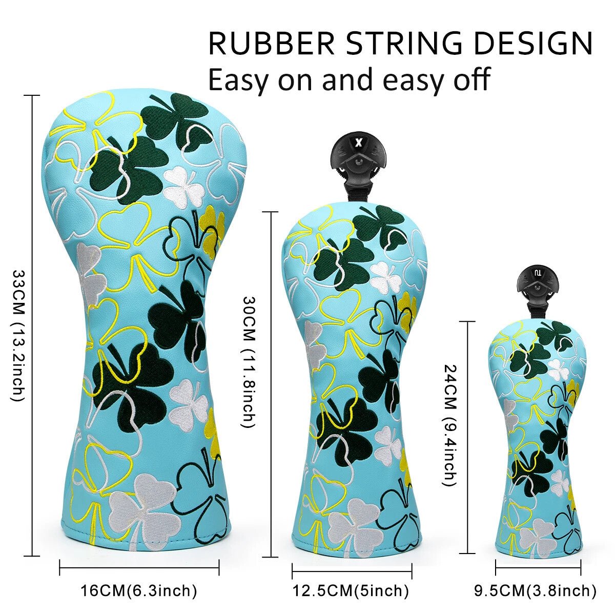 Floral-patterned golf club head cover with measurements and text about rubber string design.