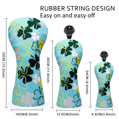 Floral-patterned golf club head cover with measurements and text about rubber string design.