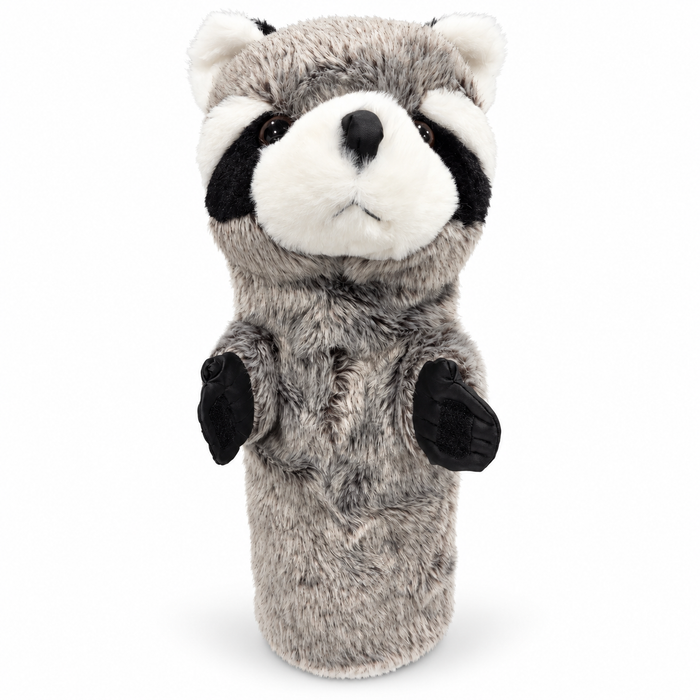 Raccoon plush driver headcover, front view with black eye mask and white muzzle
