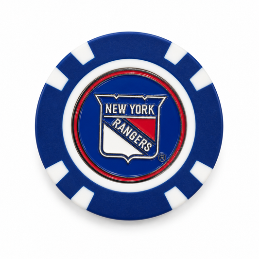 New York Rangers blue-and-white poker chip ball marker with the shield-logo marker face inserted