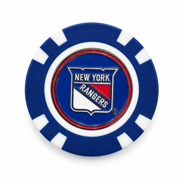 New York Rangers blue-and-white poker chip ball marker with the shield-logo marker face inserted