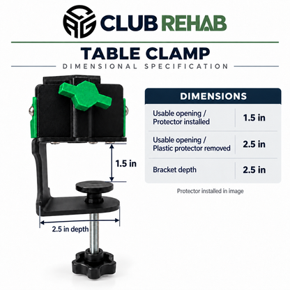 Club Rehab Table Clamp technical sheet: usable opening 1.5 inches with plastic protector installed or 2.5 inches with protector removed; bracket depth 2.5 inches. Protector installed in image.