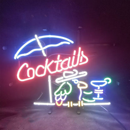 Cocktails with Under Umbrella Parrot Neon Signs - Club Rehab