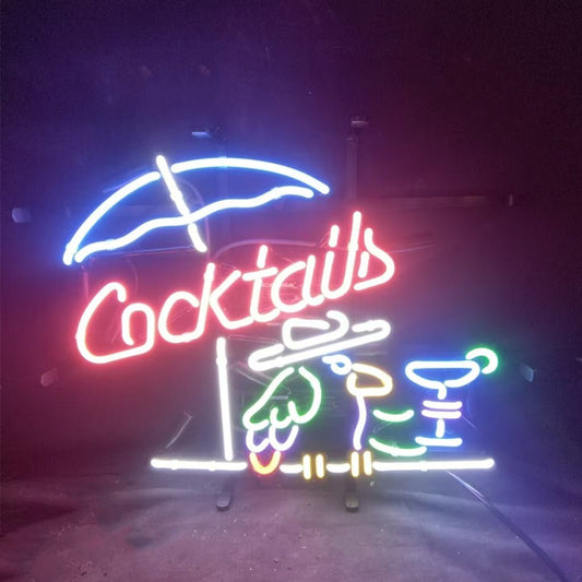 Cocktails with Under Umbrella Parrot Neon Signs - Club Rehab