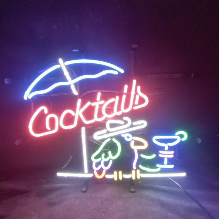 Cocktails with Under Umbrella Parrot Neon Signs - Club Rehab