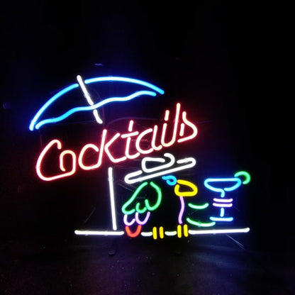 Cocktails with Under Umbrella Parrot Neon Signs - Club Rehab