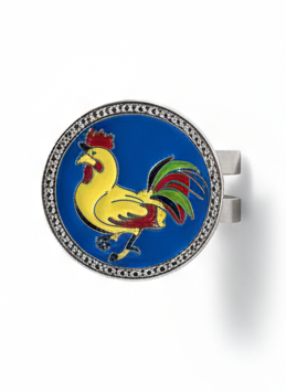 Round blue badge with a rooster design on a white background