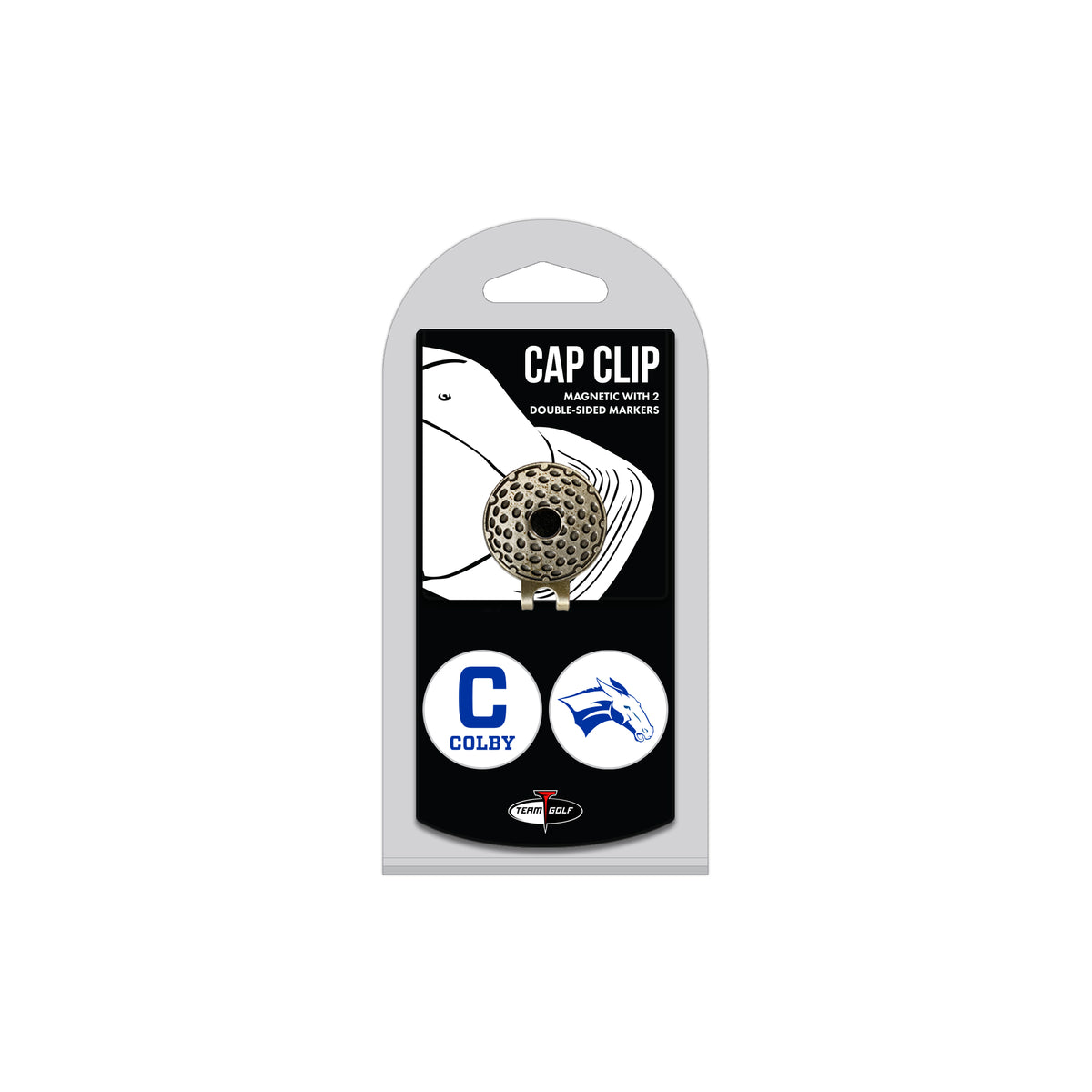 Colby College hat clip with two golf ball markers
