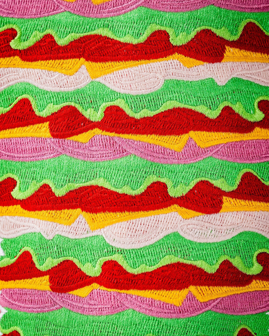 Close-up of layered green, red, yellow and pink sandwich embroidery