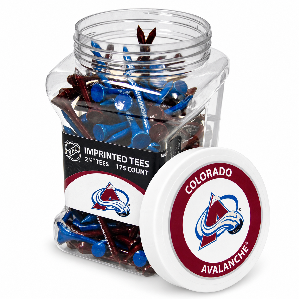 Colorado Avalanche jar containing 175 2¾-inch golf tees with its separate team-logo lid.