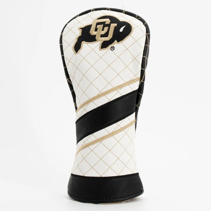Golf club head cover with a diamond pattern and black and gold logo on a white background