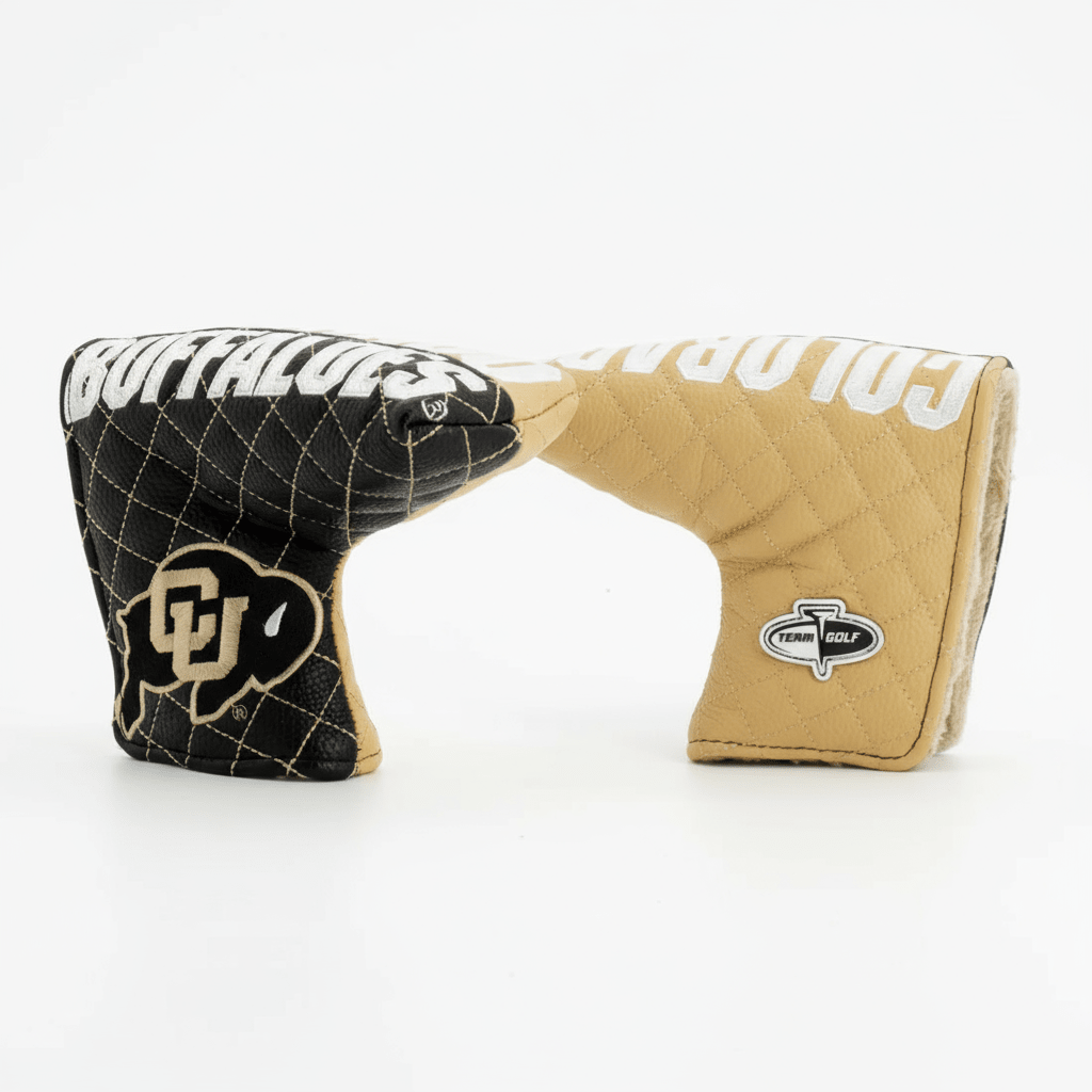 Golf club head covers with Colorado and Buffalo logos on a white background