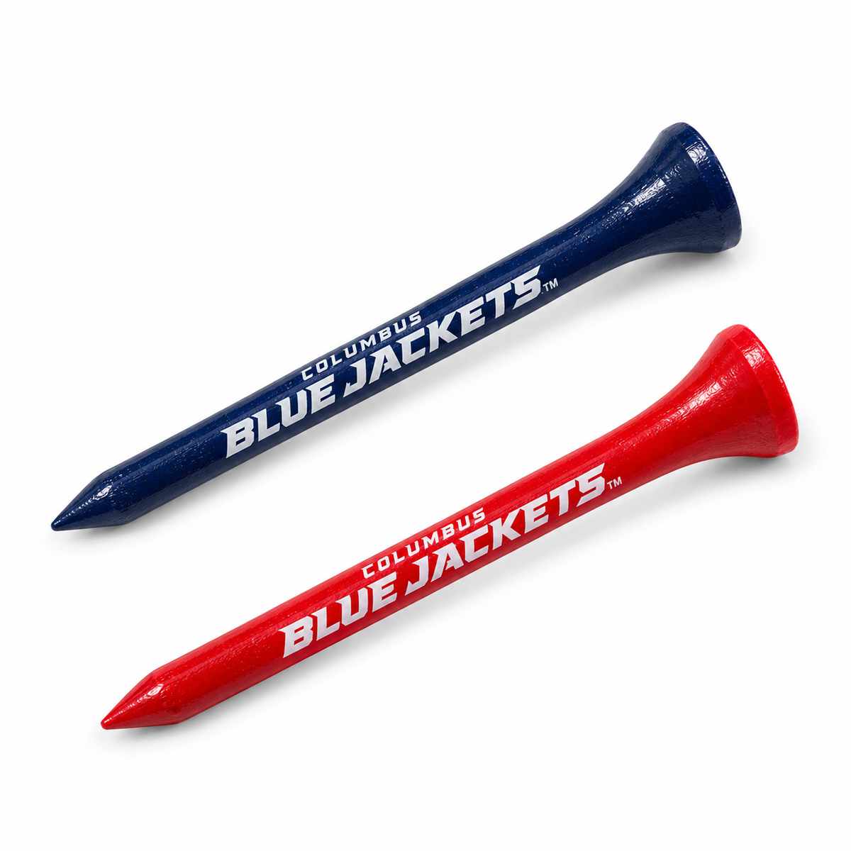 Columbus Blue Jackets golf tees in navy and red with team lettering.