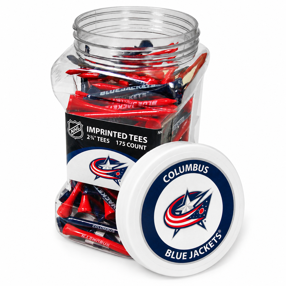 Columbus Blue Jackets jar containing 175 2¾-inch golf tees with its separate team-logo lid.