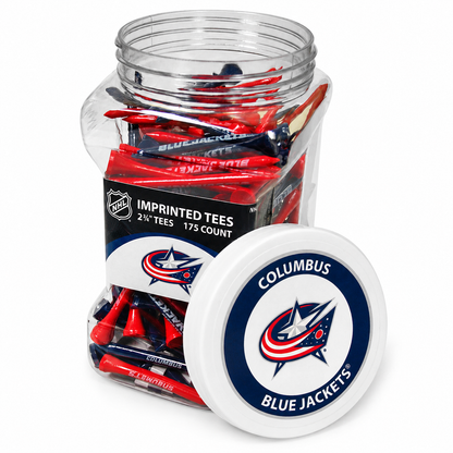 Columbus Blue Jackets jar containing 175 2¾-inch golf tees with its separate team-logo lid.