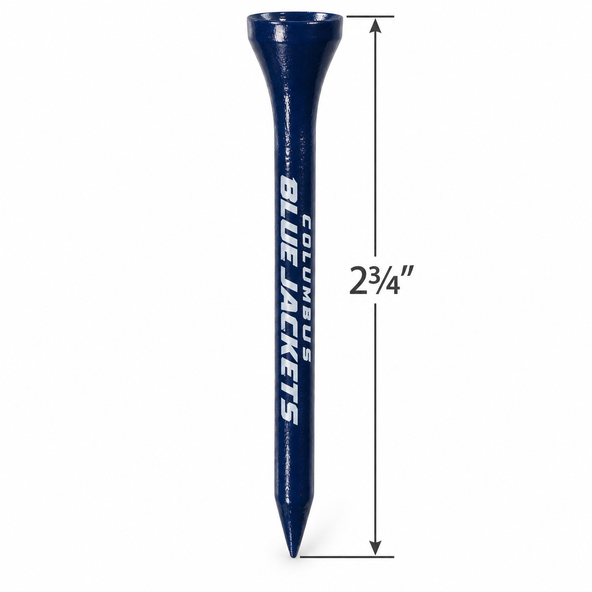 Navy Columbus Blue Jackets golf tee with a 2¾-inch height measurement.