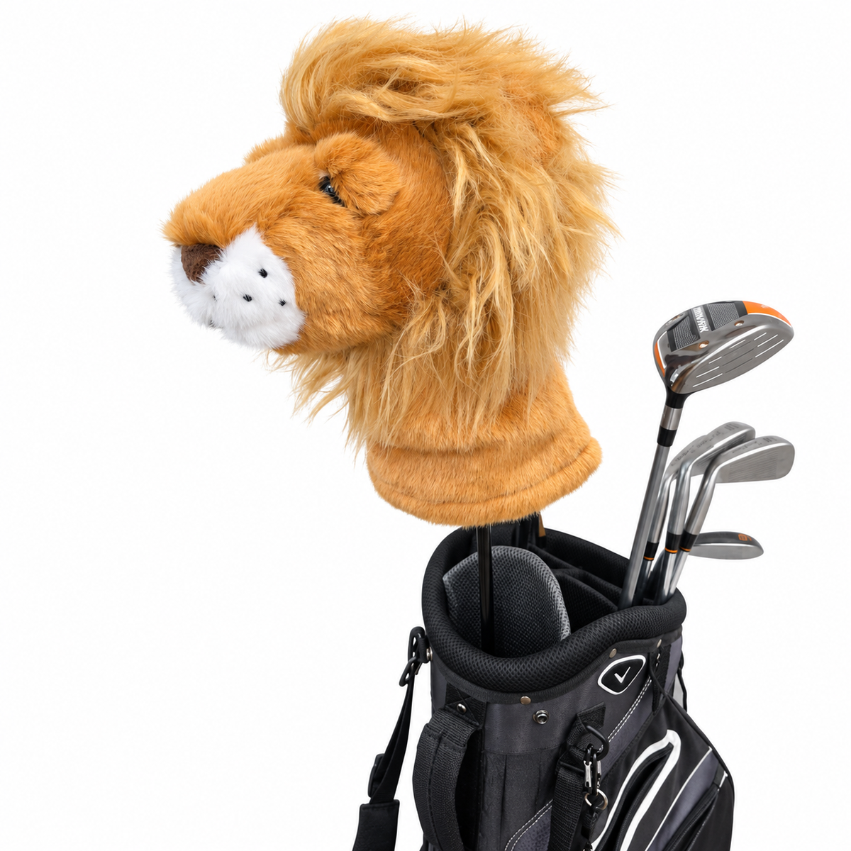 A plush lion head golf club cover in golden brown and white, shown on a golf bag with several metal golf clubs against a plain white background.