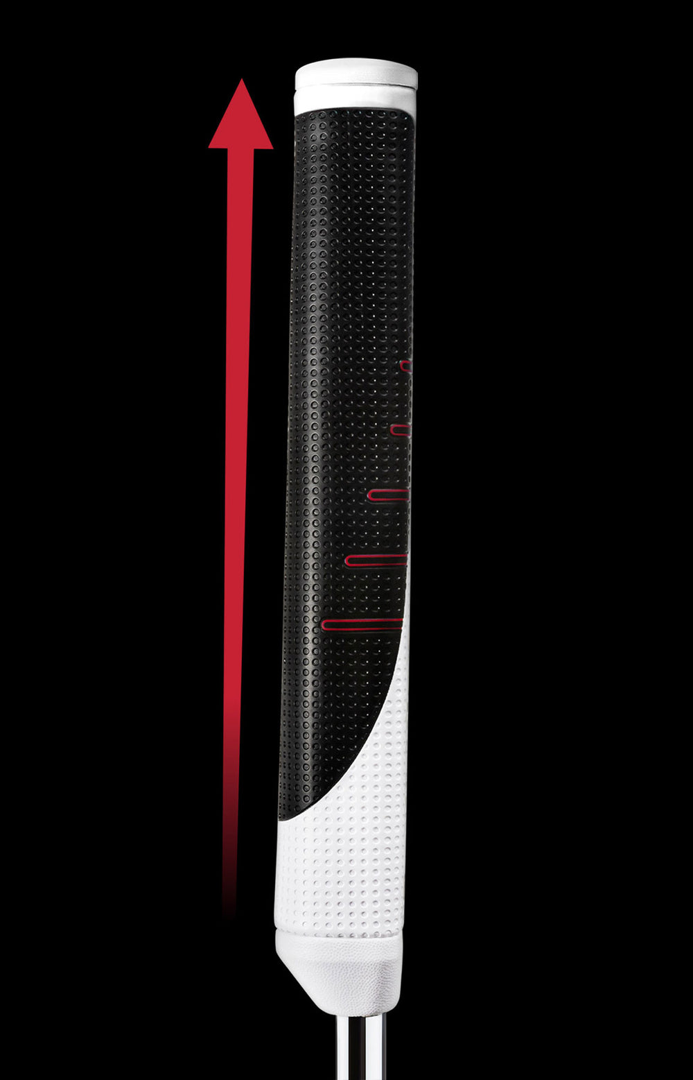 Seitenansicht des Golf Pride Reverse Taper Flat Griffs mit einem Pfeil, der die flache Form hervorhebt.