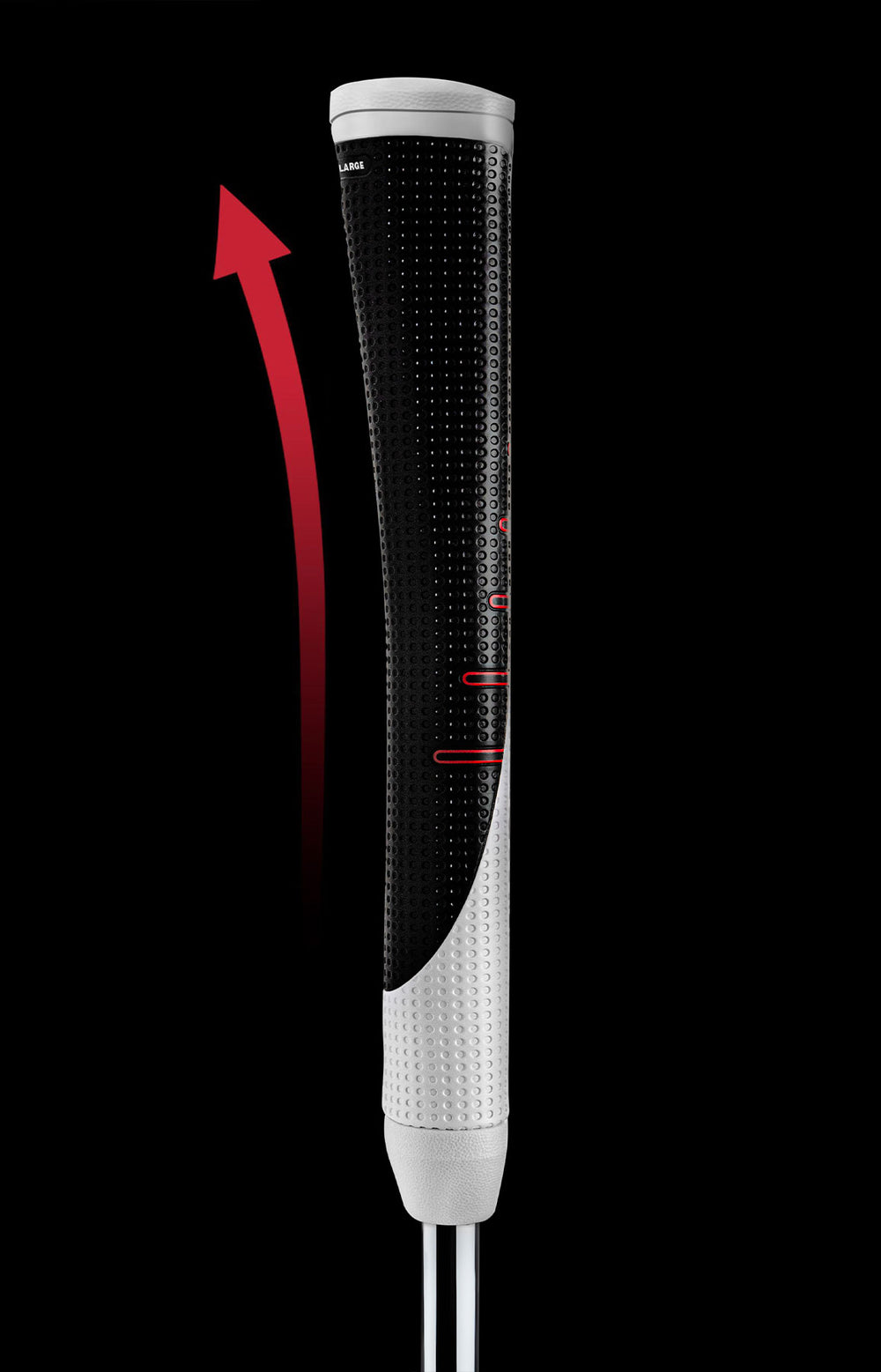 Seitenansicht des Golf Pride Reverse Taper Pistol-Griffs, wobei ein roter Pfeil den oberen Pistol-Kick hervorhebt.