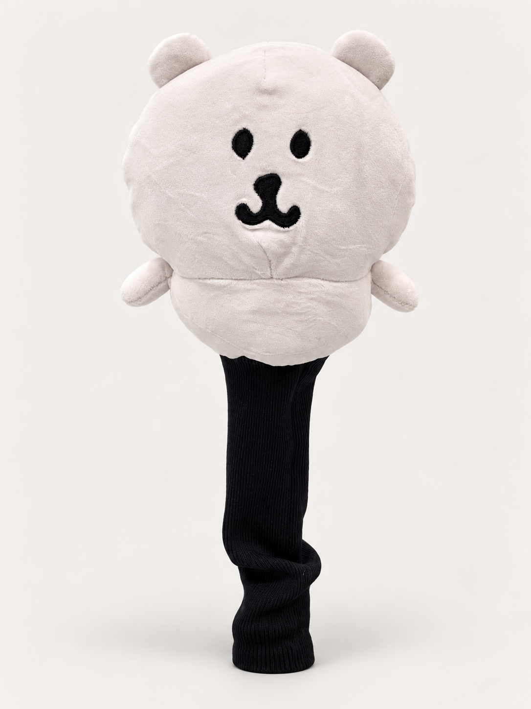 CRG Mallow Mulligan white bear driver headcover with long black protective sock, front view
