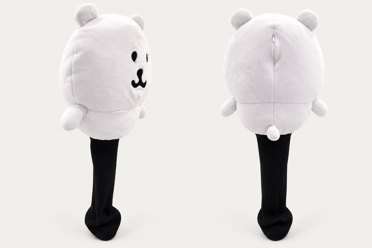 Side and rear views of CRG Mallow Mulligan bear driver headcover with long black sock and little tail