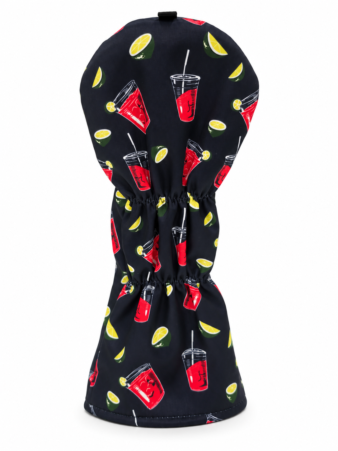 Transfusion driver headcover, back view showing two gathered elastic seams