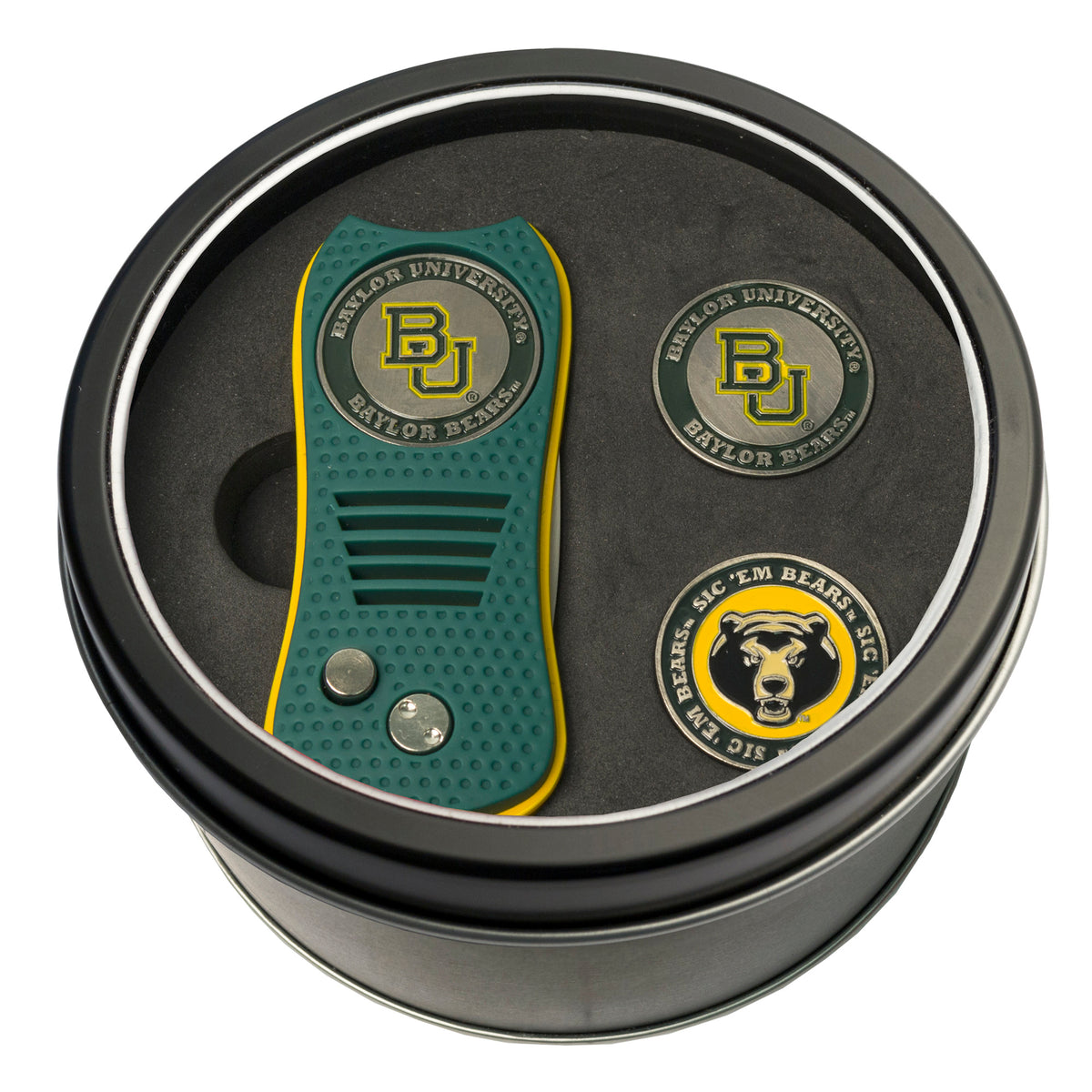 Baylor Switchblade divot tool and ball marker tin gift set