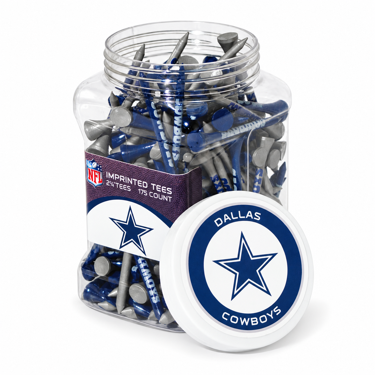 Close-up of the Dallas Cowboys 175-count tee jar and separate lid.