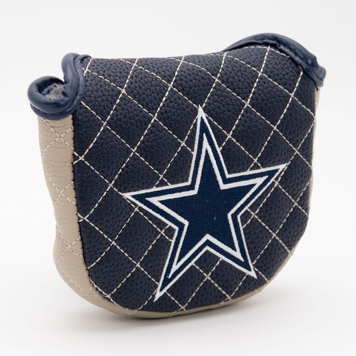Dallas Cowboys solid quilted mallet putter cover, close-up of the stitching and textured exterior