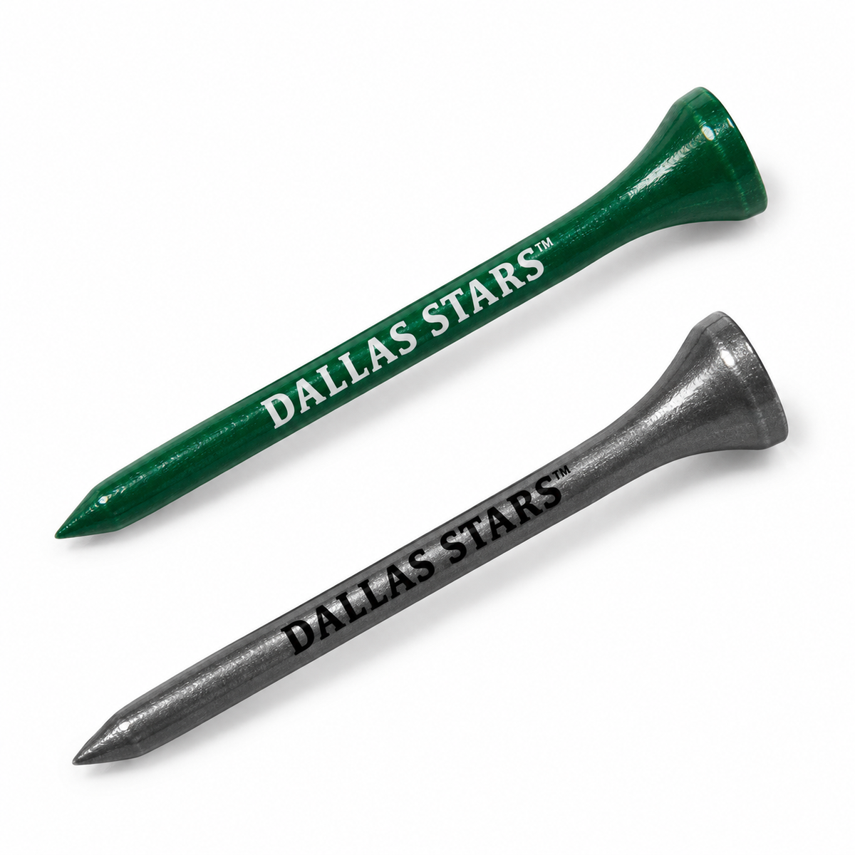 Dallas Stars golf tees in green and metallic gray with team lettering.