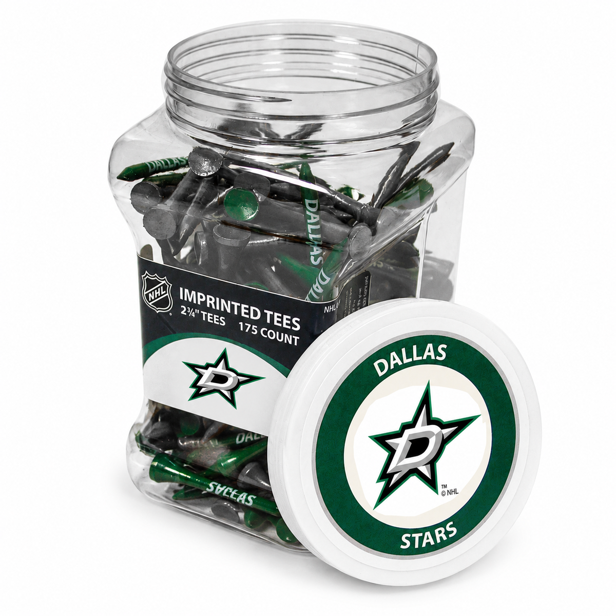 Dallas Stars jar containing 175 2¾-inch golf tees with its separate team-logo lid.