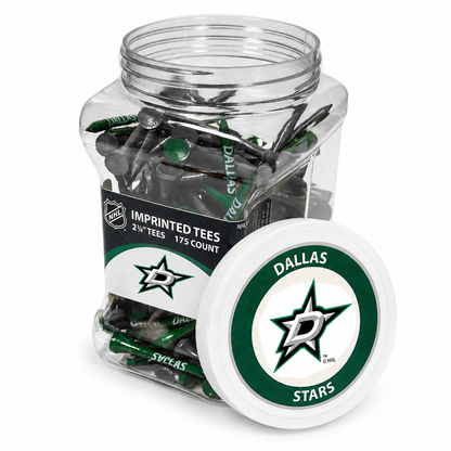 Dallas Stars jar containing 175 2¾-inch golf tees with its separate team-logo lid.