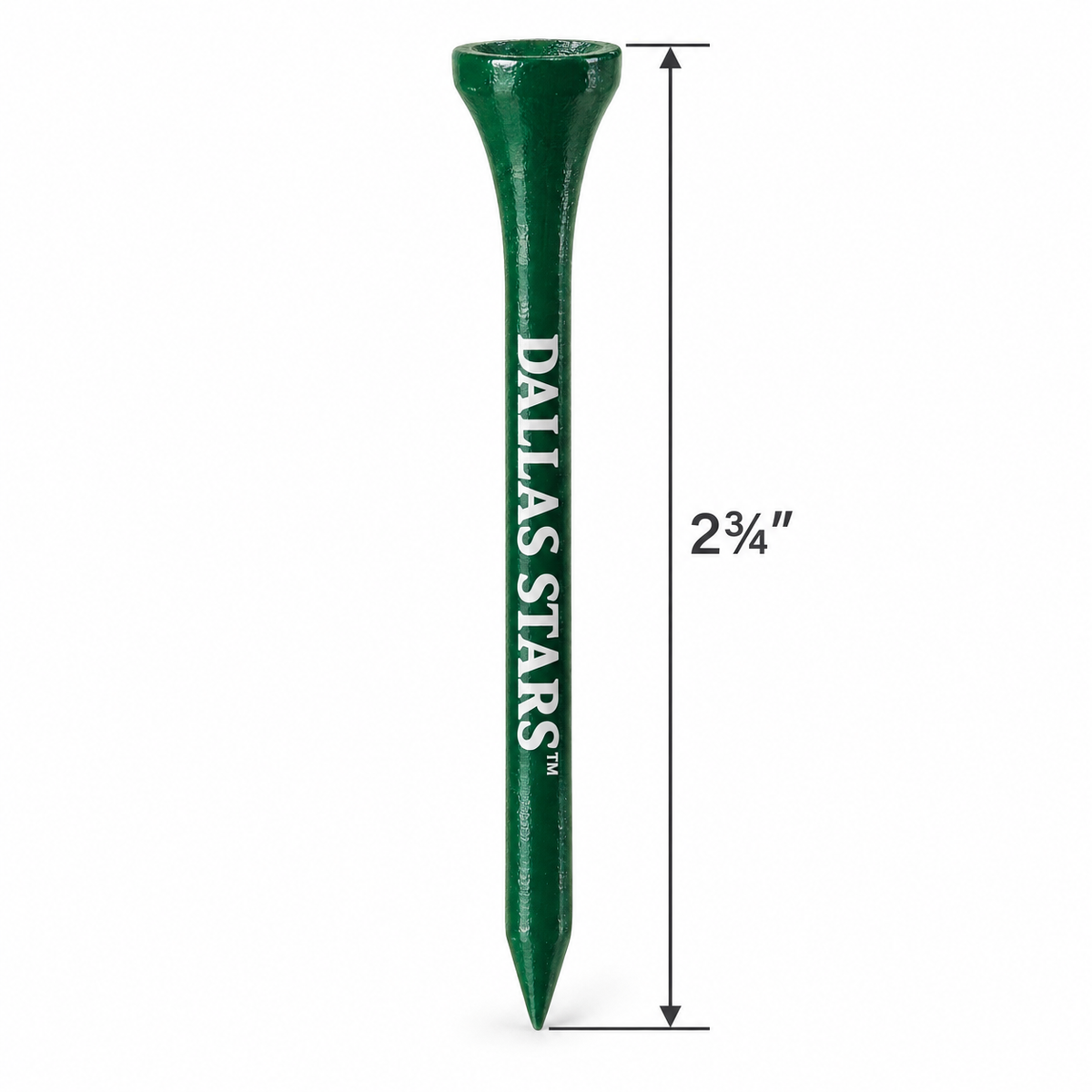 Green Dallas Stars golf tee with a 2¾-inch height measurement.