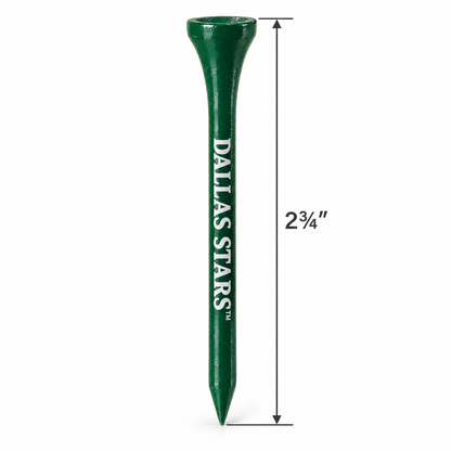Green Dallas Stars golf tee with a 2¾-inch height measurement.