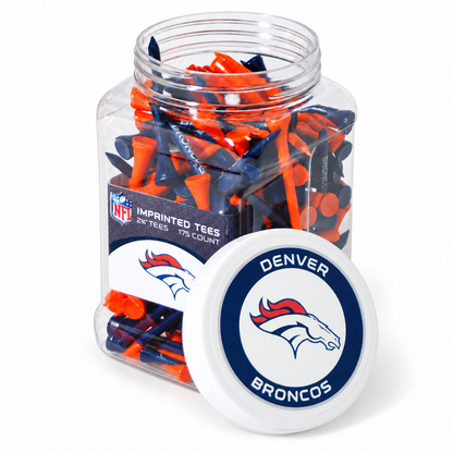 Denver Broncos jar containing 175 2¾-inch golf tees with its separate team-logo lid.