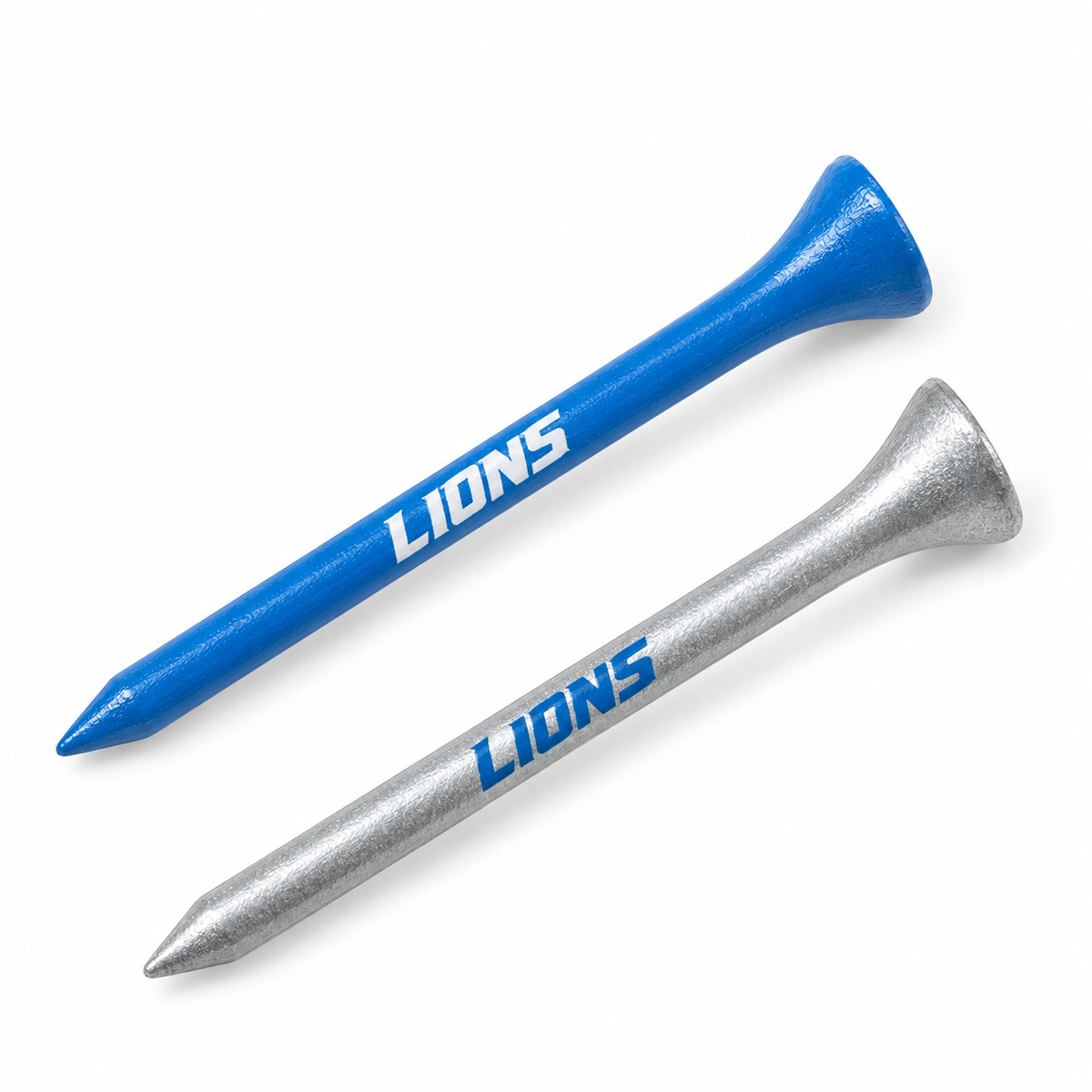 Detroit Lions golf tees in blue and metallic silver with team lettering.