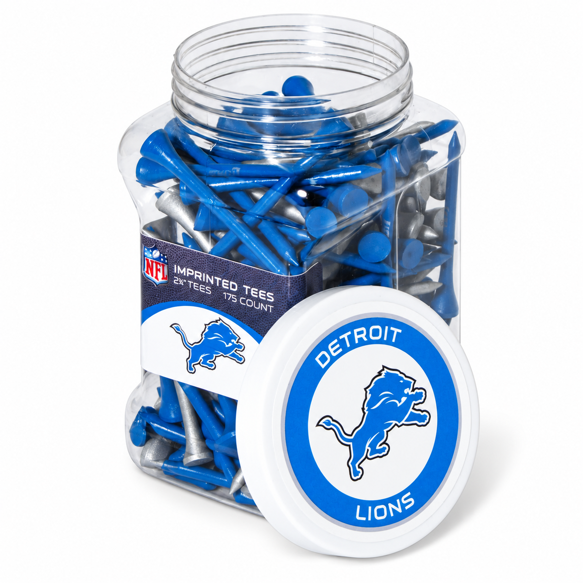 Detroit Lions jar containing 175 2¾-inch golf tees with its separate team-logo lid.