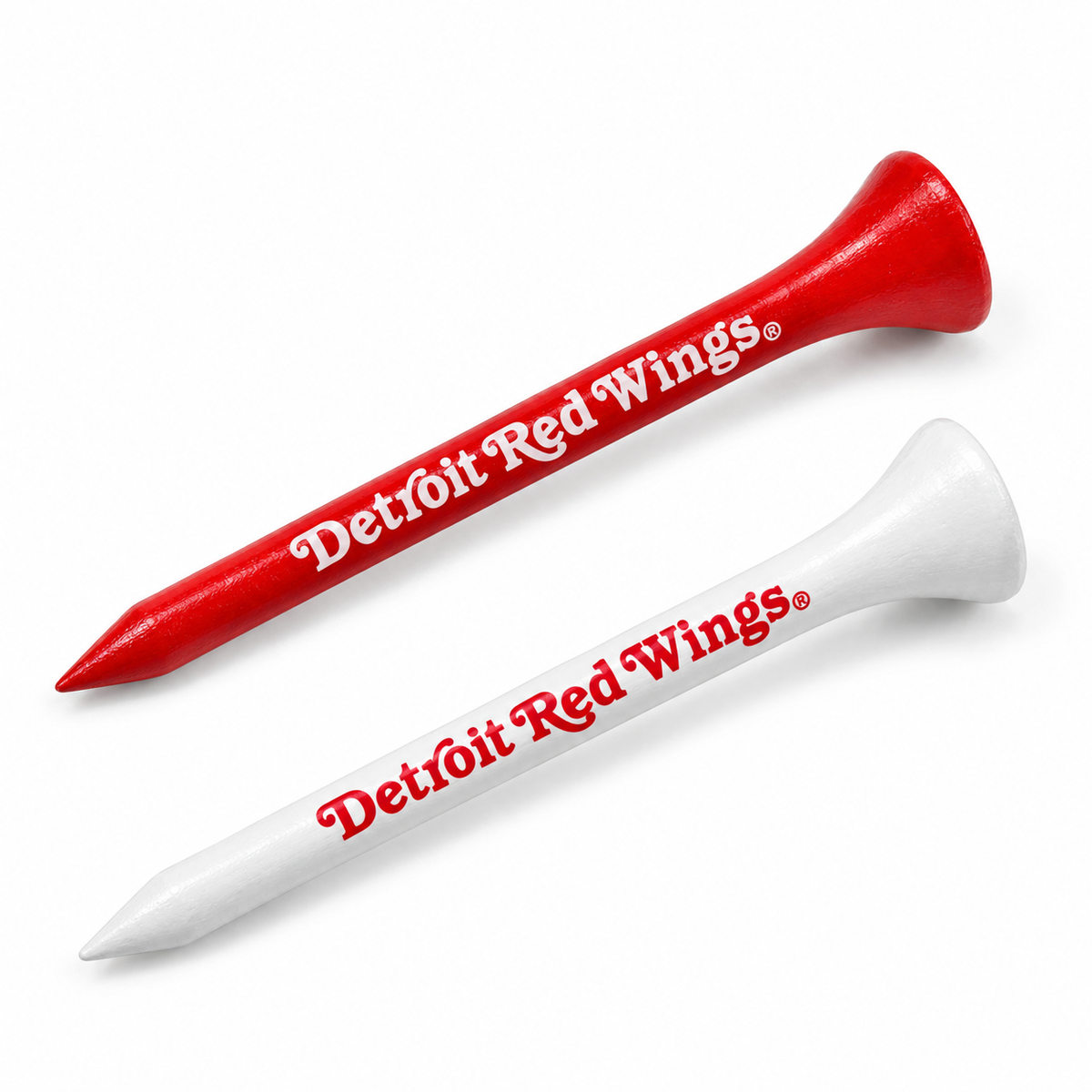 Detroit Red Wings golf tees in red and white with team lettering.
