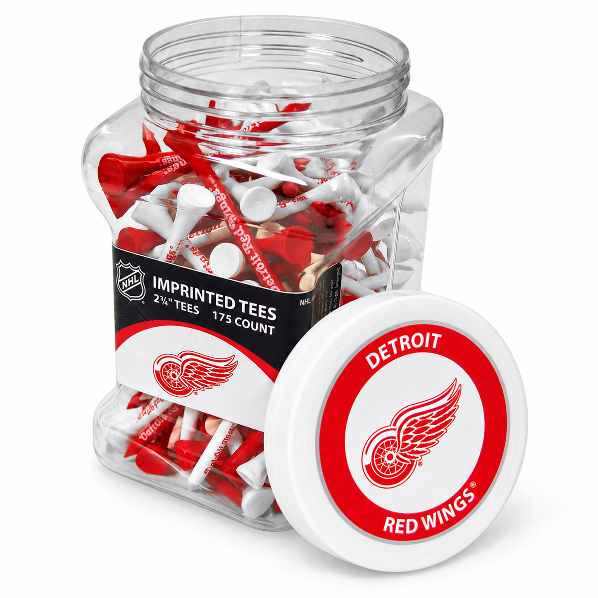 Detroit Red Wings jar containing 175 2¾-inch golf tees with its separate team-logo lid.