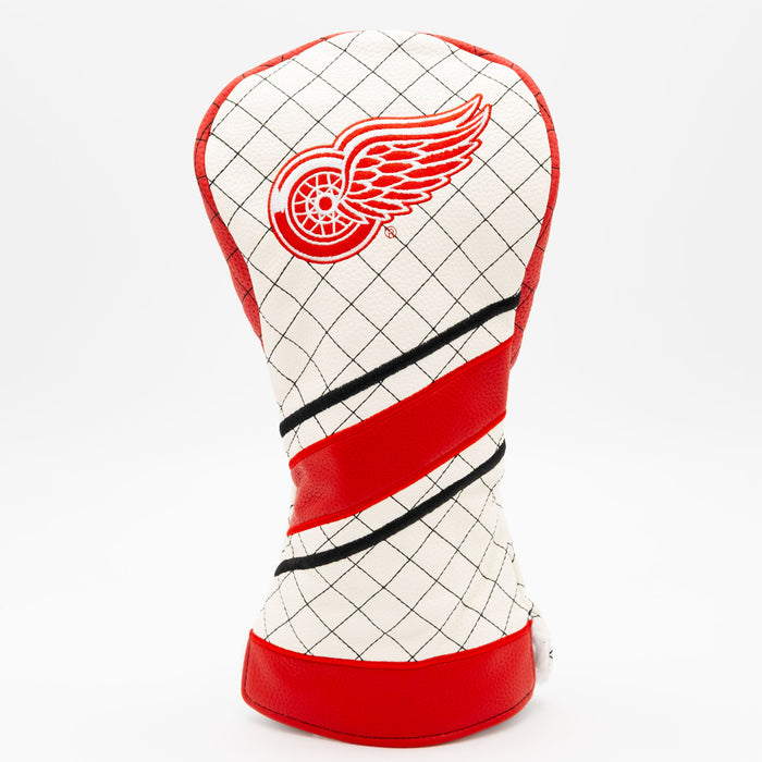 Detroit Red Wings striped quilted driver headcover, front view with diagonal red and black stripes and embroidered winged-wheel logo