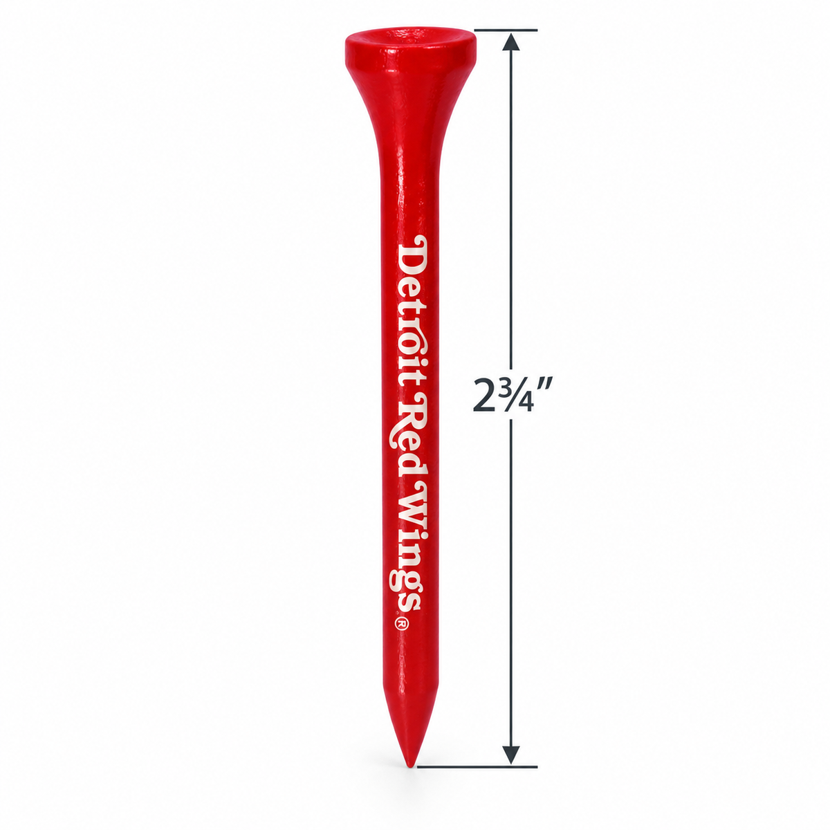 Red Detroit Red Wings golf tee with a 2¾-inch height measurement.