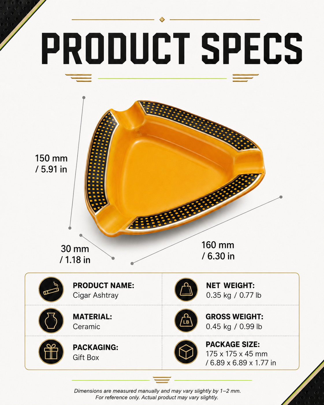 Yellow cigar ashtray with black polka dot design and product specifications on a white background.